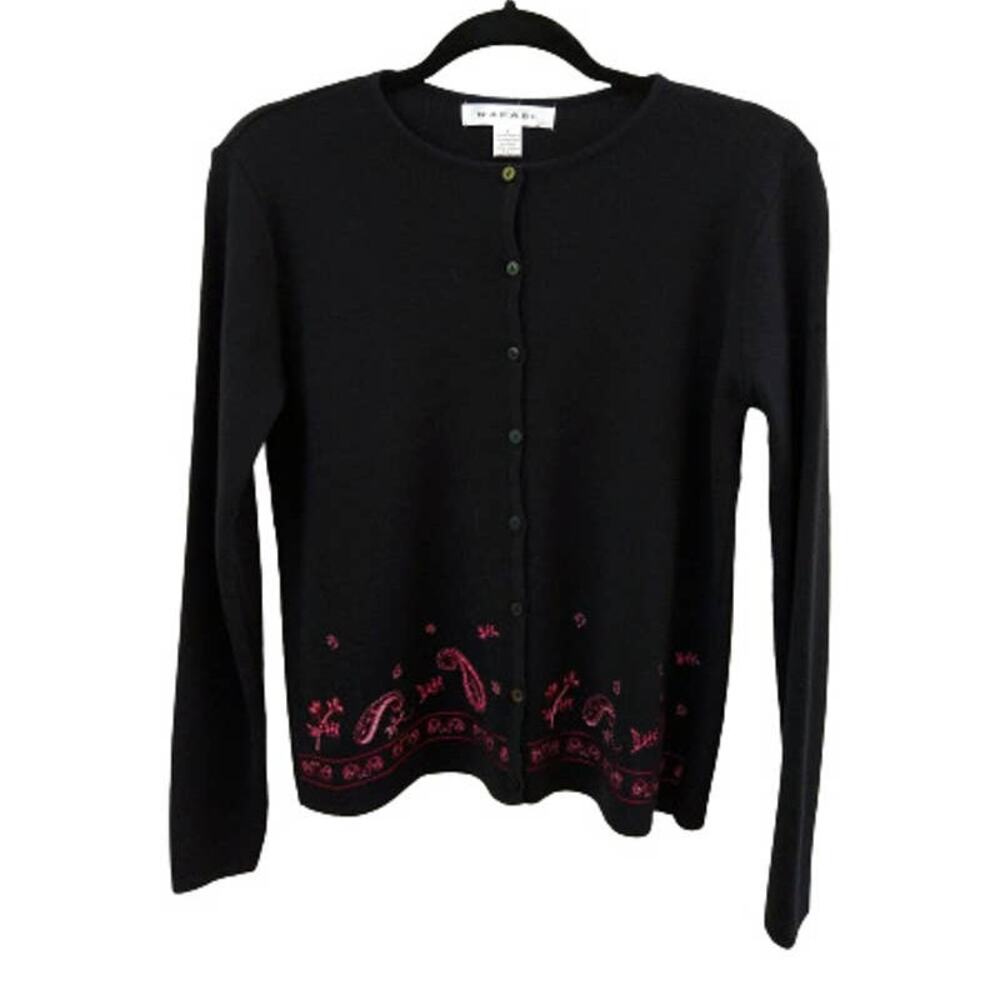 Rafael Womens Cardigan Sweater Size Small Black Lambs Wool Blend Embroidered New